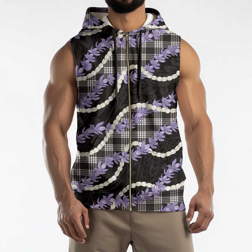 Black Hawaii Palaka Honohono Pikake Sleeveless Zip Hoodie Hawaiian Orchid Lei Polynesian Pattern - Polynesian Pride