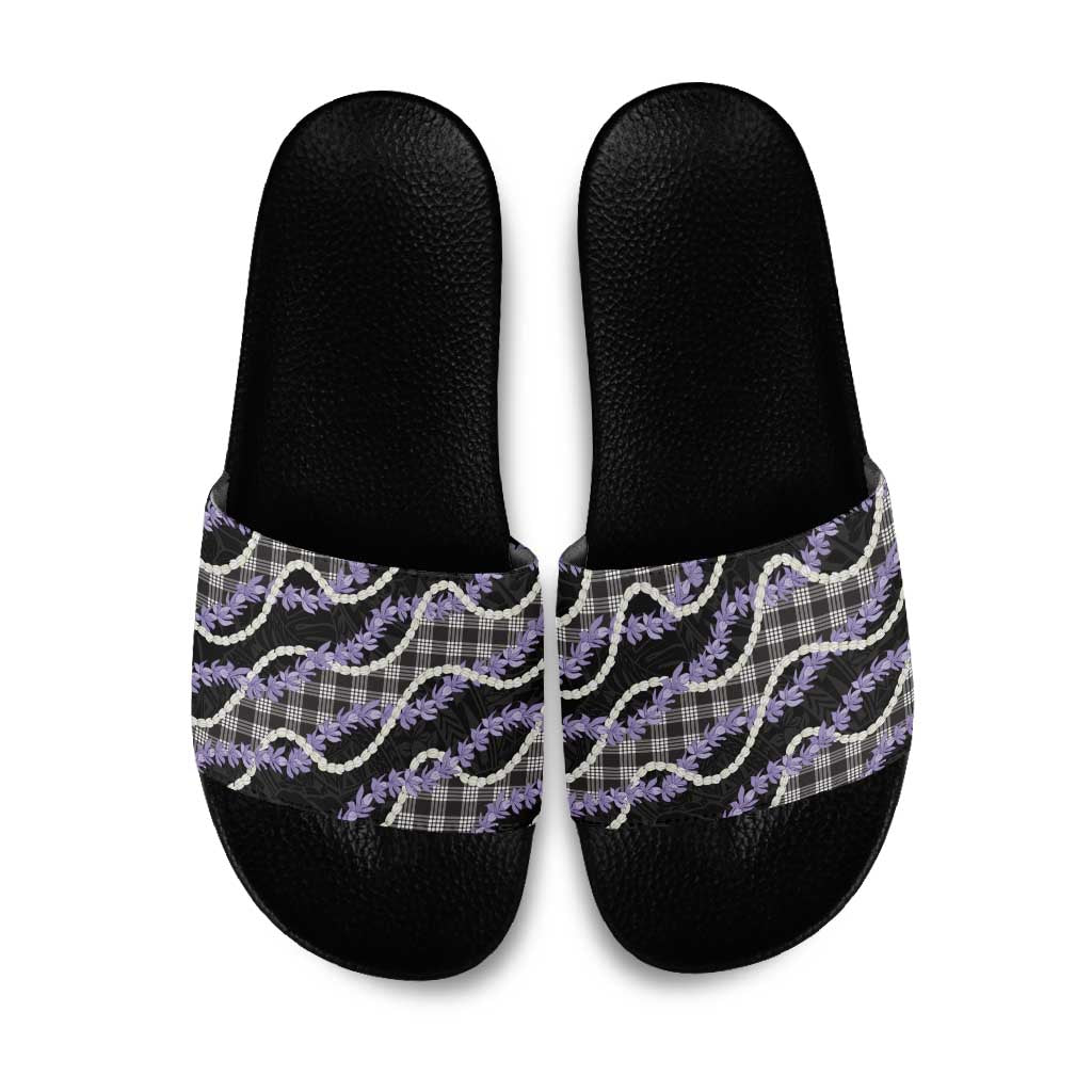 Black Hawaii Palaka Honohono Pikake Slide Sandals Hawaiian Orchid Lei Polynesian Pattern - Polynesian Pride