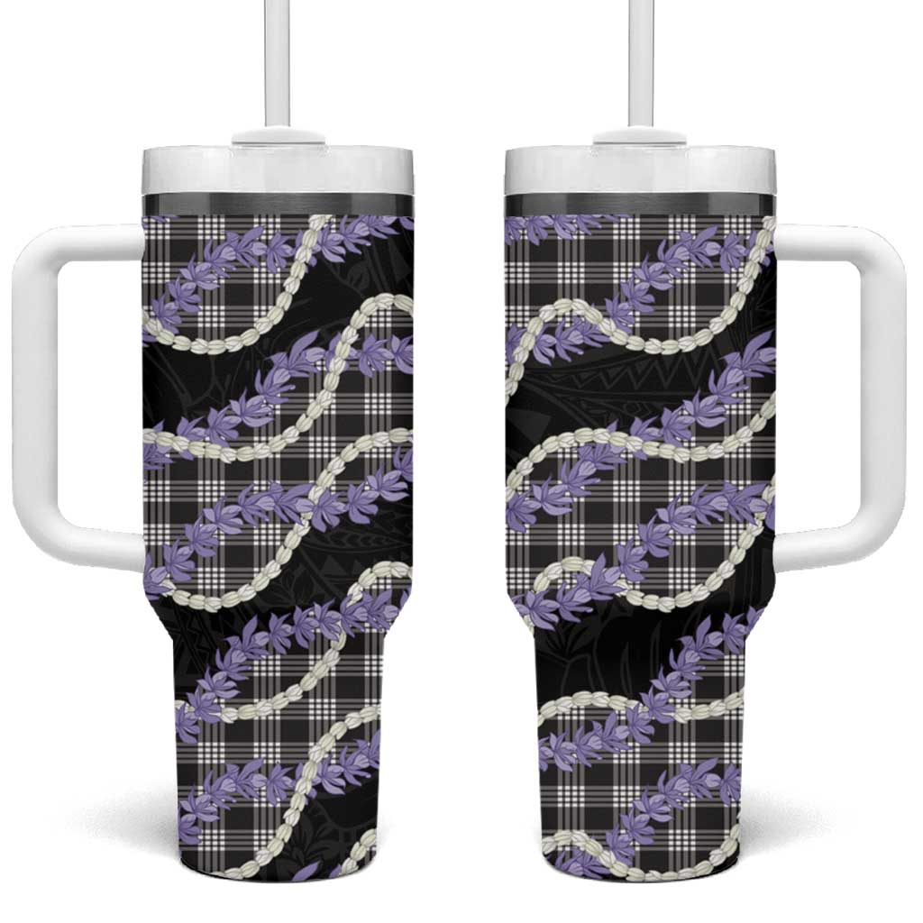 Black Hawaii Palaka Honohono Pikake Tumbler With Handle Hawaiian Orchid Lei Polynesian Pattern - Polynesian Pride