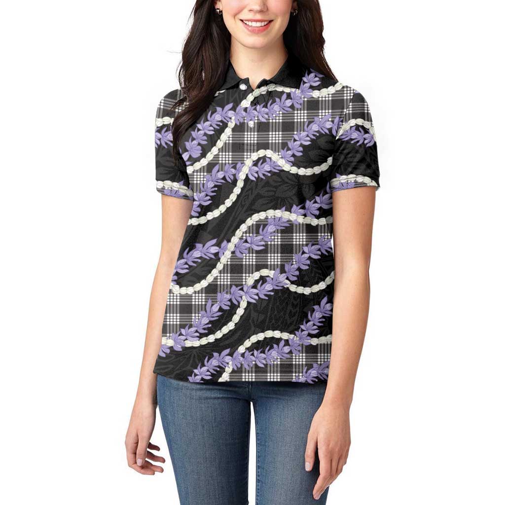 Black Hawaii Palaka Honohono Pikake Women Polo Shirt Hawaiian Orchid Lei Polynesian Pattern - Polynesian Pride