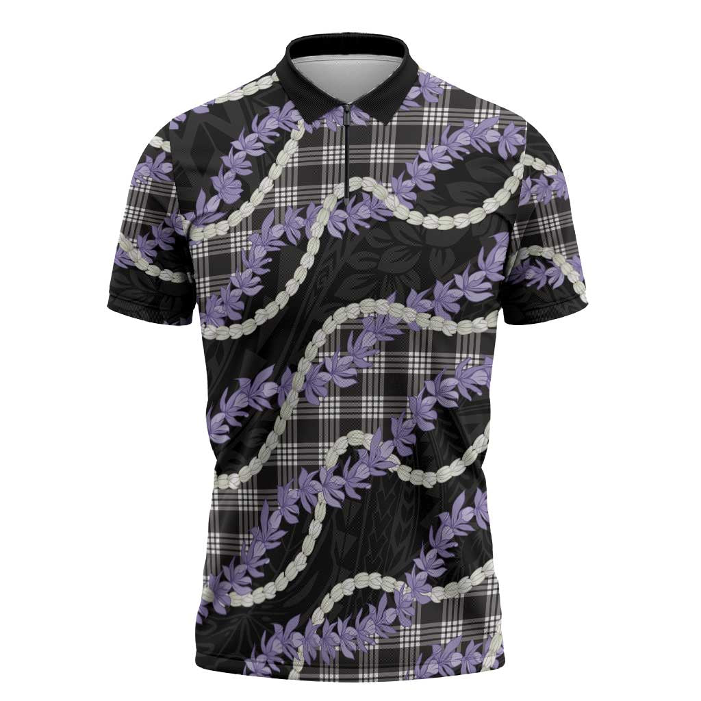 Black Hawaii Palaka Honohono Pikake Zipper Polo Shirt Hawaiian Orchid Lei Polynesian Pattern - Polynesian Pride