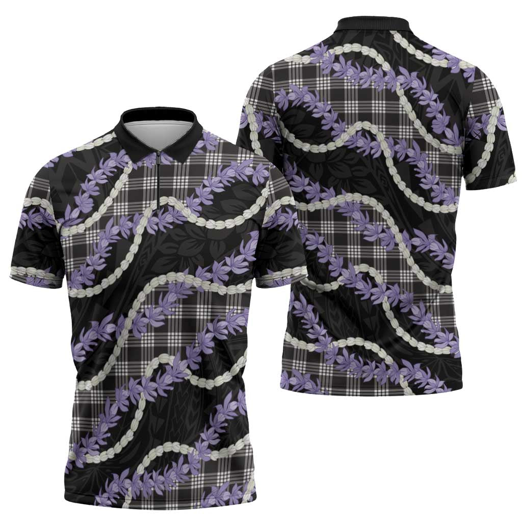Black Hawaii Palaka Honohono Pikake Zipper Polo Shirt Hawaiian Orchid Lei Polynesian Pattern - Polynesian Pride
