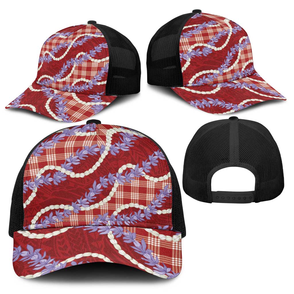 Red Hawaii Palaka Honohono Pikake Baseball Net Cap Hawaiian Orchid Lei Polynesian Pattern - Polynesian Pride