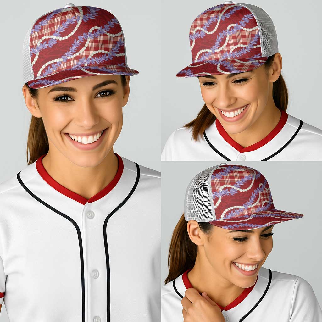 Red Hawaii Palaka Honohono Pikake Baseball Net Cap Hawaiian Orchid Lei Polynesian Pattern - Polynesian Pride