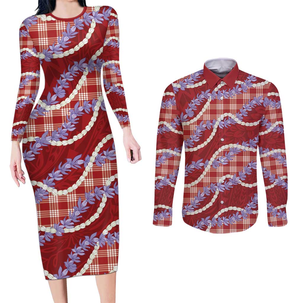 Red Hawaii Palaka Honohono Pikake Couples Matching Long Sleeve Bodycon Dress and Long Sleeve Button Shirt Hawaiian Orchid Lei Polynesian Pattern - Polynesian Pride
