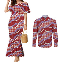 Red Hawaii Palaka Honohono Pikake Couples Matching Mermaid Dress and Long Sleeve Button Shirt Hawaiian Orchid Lei Polynesian Pattern LT14 Red - Polynesian Pride