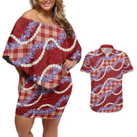 Red Hawaii Palaka Honohono Pikake Couples Matching Off Shoulder Short Dress and Hawaiian Shirt Hawaiian Orchid Lei Polynesian Pattern - Polynesian Pride