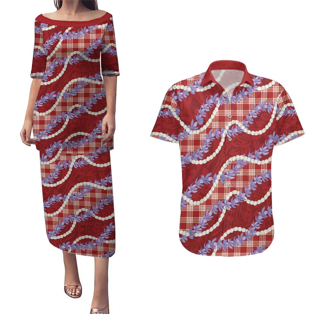 Red Hawaii Palaka Honohono Pikake Couples Matching Puletasi and Hawaiian Shirt Hawaiian Orchid Lei Polynesian Pattern - Polynesian Pride
