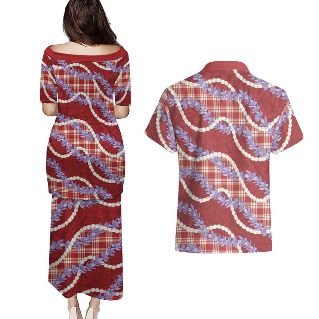Red Hawaii Palaka Honohono Pikake Couples Matching Puletasi and Hawaiian Shirt Hawaiian Orchid Lei Polynesian Pattern - Polynesian Pride