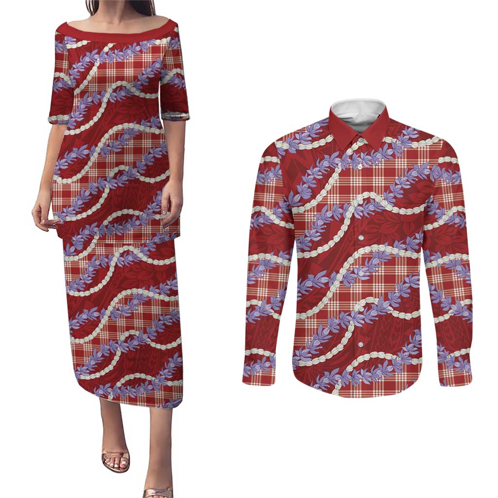 Red Hawaii Palaka Honohono Pikake Couples Matching Puletasi and Long Sleeve Button Shirt Hawaiian Orchid Lei Polynesian Pattern - Polynesian Pride