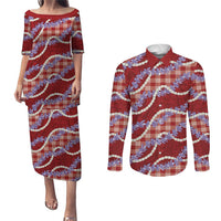 Red Hawaii Palaka Honohono Pikake Couples Matching Puletasi and Long Sleeve Button Shirt Hawaiian Orchid Lei Polynesian Pattern - Polynesian Pride