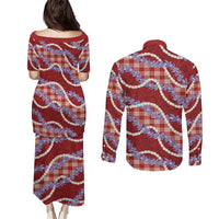 Red Hawaii Palaka Honohono Pikake Couples Matching Puletasi and Long Sleeve Button Shirt Hawaiian Orchid Lei Polynesian Pattern - Polynesian Pride