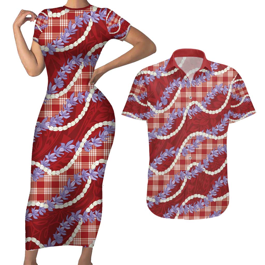 Red Hawaii Palaka Honohono Pikake Couples Matching Short Sleeve Bodycon Dress and Hawaiian Shirt Hawaiian Orchid Lei Polynesian Pattern - Polynesian Pride