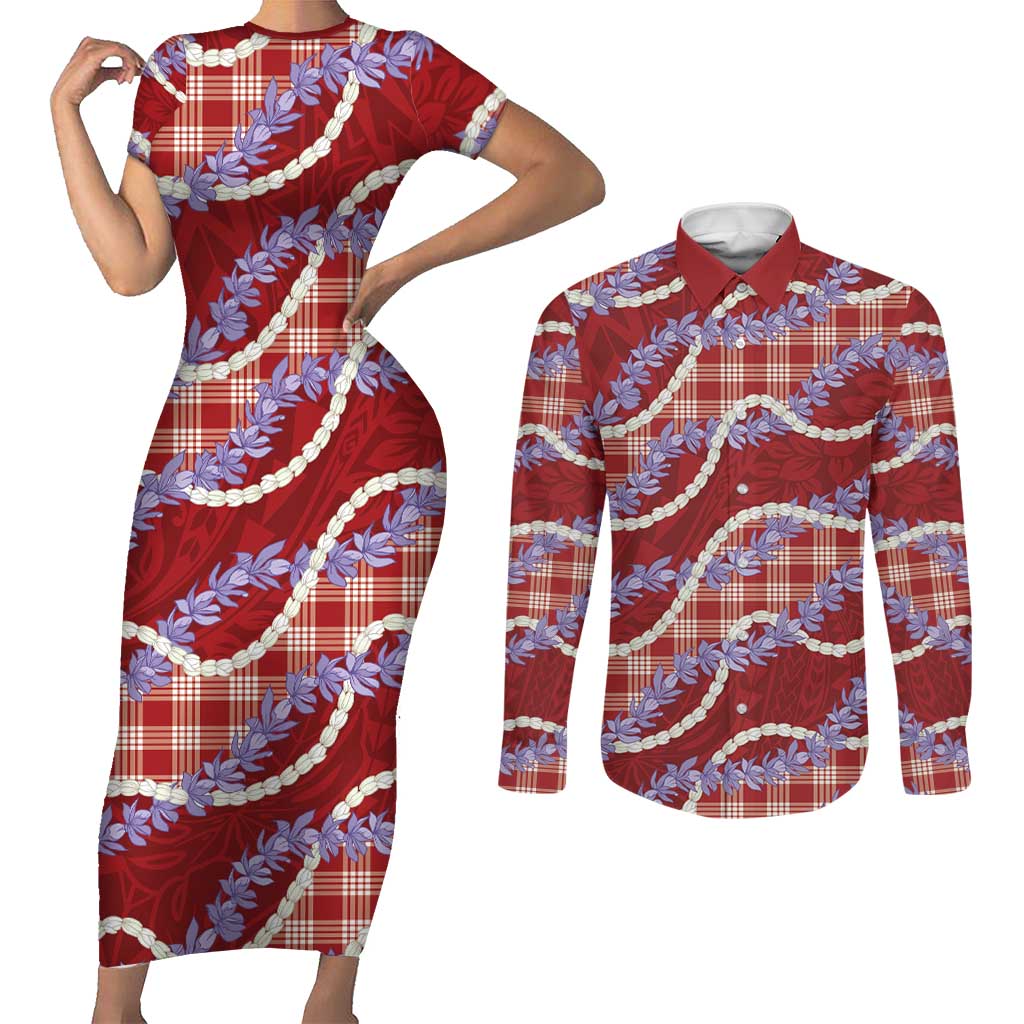 Red Hawaii Palaka Honohono Pikake Couples Matching Short Sleeve Bodycon Dress and Long Sleeve Button Shirt Hawaiian Orchid Lei Polynesian Pattern LT14 Red - Polynesian Pride