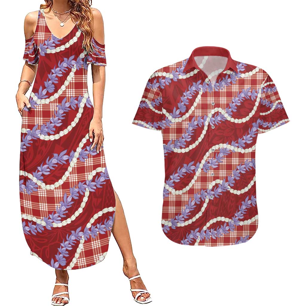Red Hawaii Palaka Honohono Pikake Couples Matching Summer Maxi Dress and Hawaiian Shirt Hawaiian Orchid Lei Polynesian Pattern - Polynesian Pride