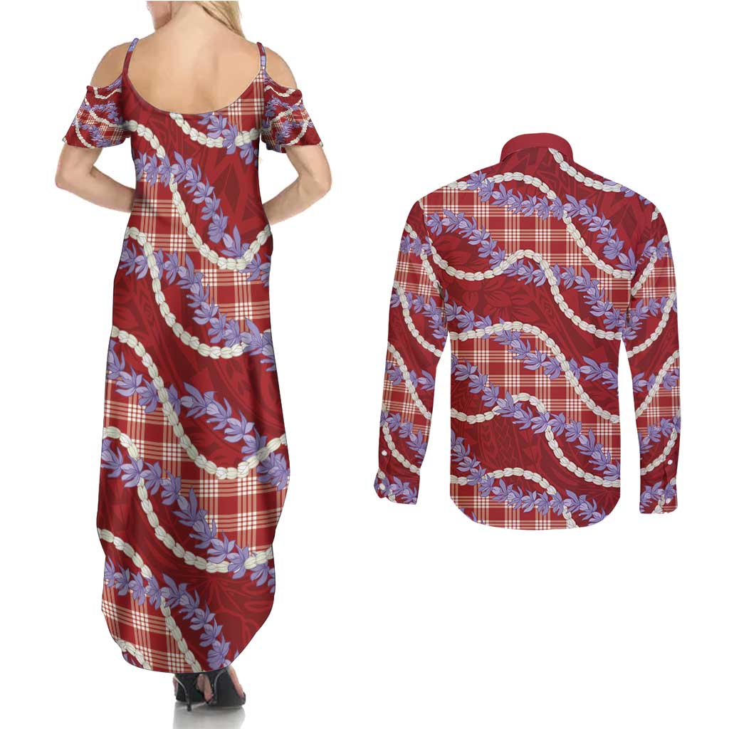 Red Hawaii Palaka Honohono Pikake Couples Matching Summer Maxi Dress and Long Sleeve Button Shirt Hawaiian Orchid Lei Polynesian Pattern - Polynesian Pride