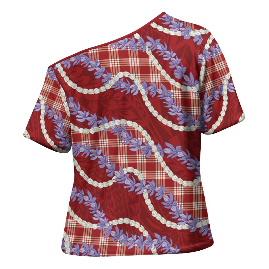 Red Hawaii Palaka Honohono Pikake Cross Shoulder Shirt Hawaiian Orchid Lei Polynesian Pattern - Polynesian Pride