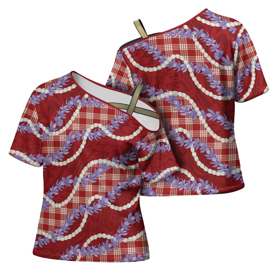 Red Hawaii Palaka Honohono Pikake Cross Shoulder Shirt Hawaiian Orchid Lei Polynesian Pattern - Polynesian Pride