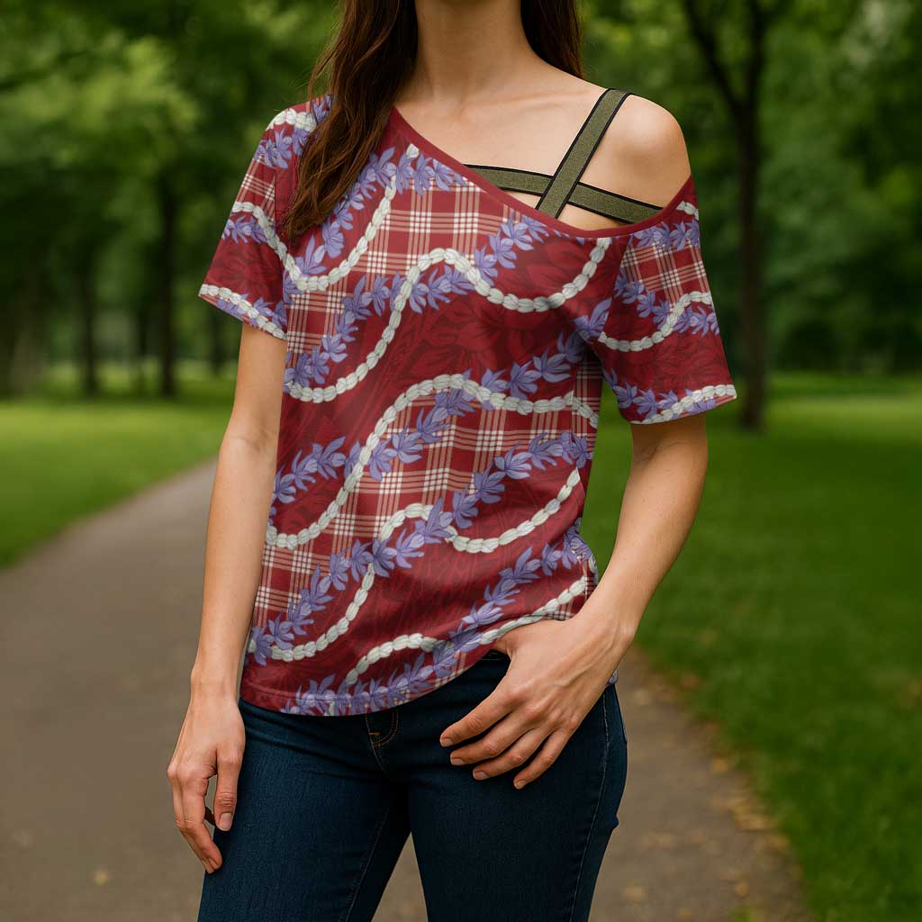 Red Hawaii Palaka Honohono Pikake Cross Shoulder Shirt Hawaiian Orchid Lei Polynesian Pattern - Polynesian Pride