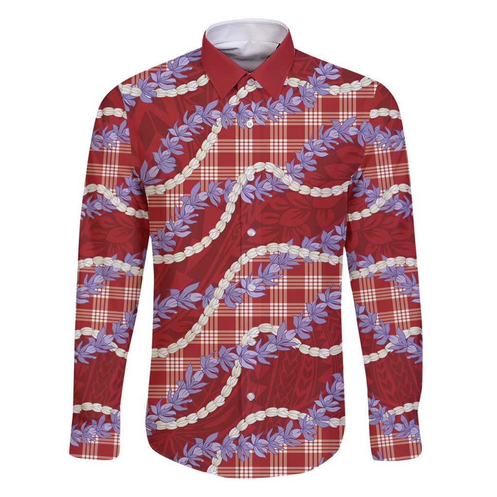 Red Hawaii Palaka Honohono Pikake Family Matching Long Sleeve Bodycon Dress and Hawaiian Shirt Hawaiian Orchid Lei Polynesian Pattern - Polynesian Pride