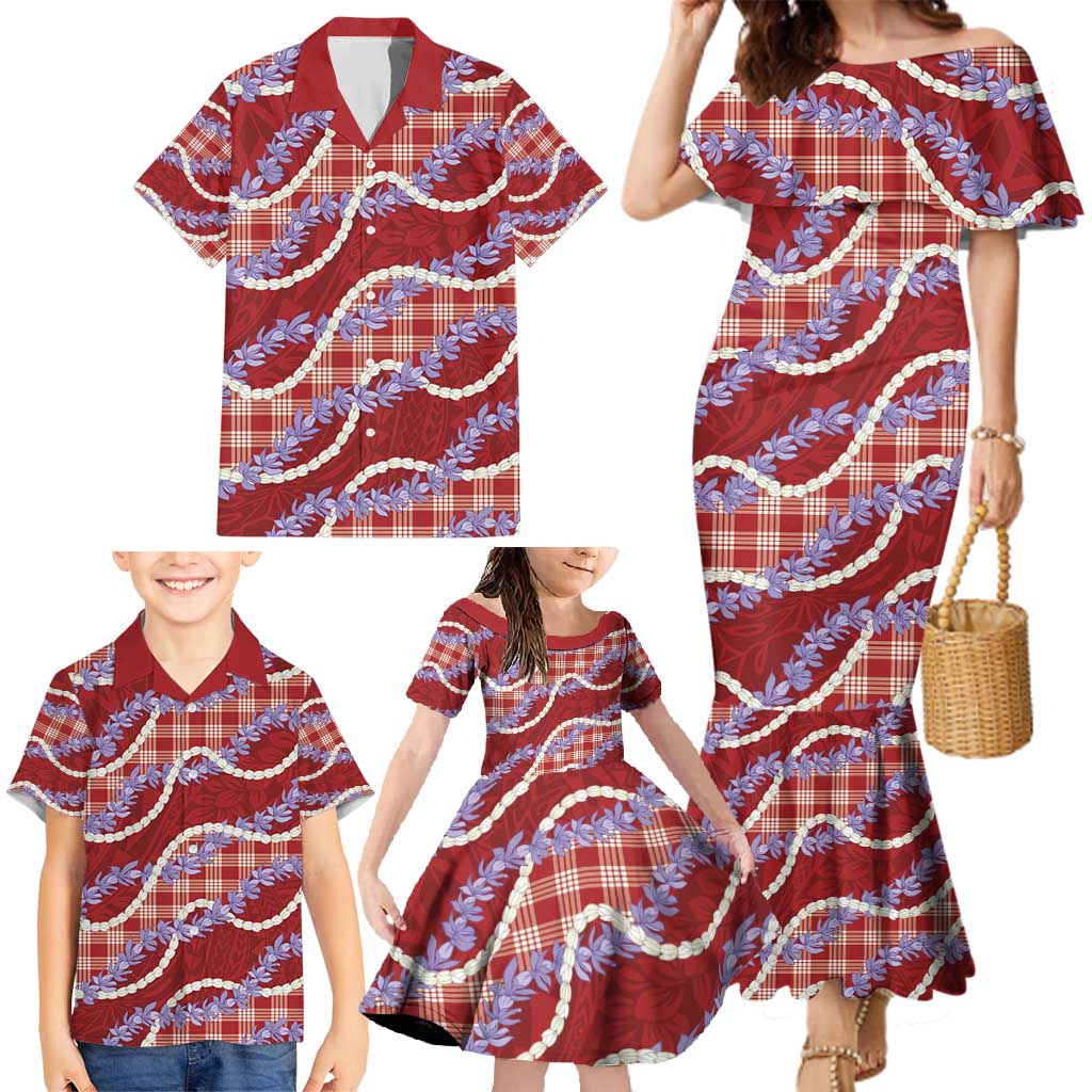 Red Hawaii Palaka Honohono Pikake Family Matching Mermaid Dress and Hawaiian Shirt Hawaiian Orchid Lei Polynesian Pattern - Polynesian Pride