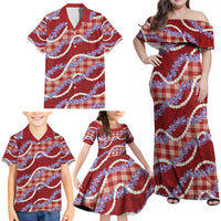 Red Hawaii Palaka Honohono Pikake Family Matching Off Shoulder Maxi Dress and Hawaiian Shirt Hawaiian Orchid Lei Polynesian Pattern - Polynesian Pride