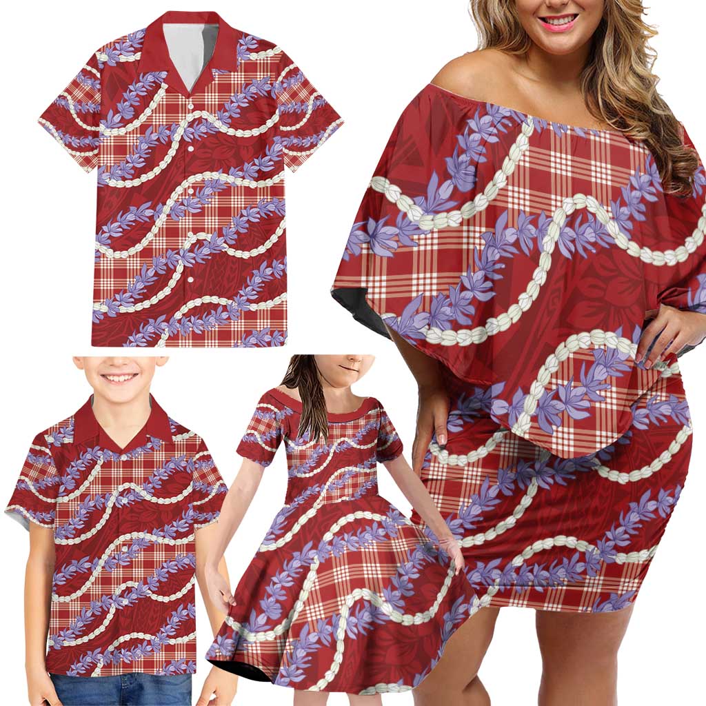 Red Hawaii Palaka Honohono Pikake Family Matching Off Shoulder Short Dress and Hawaiian Shirt Hawaiian Orchid Lei Polynesian Pattern - Polynesian Pride