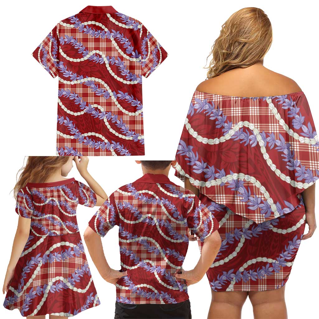 Red Hawaii Palaka Honohono Pikake Family Matching Off Shoulder Short Dress and Hawaiian Shirt Hawaiian Orchid Lei Polynesian Pattern - Polynesian Pride