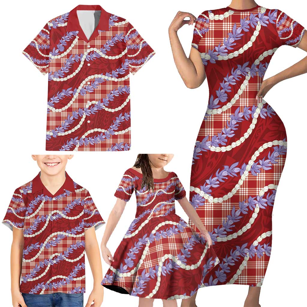 Red Hawaii Palaka Honohono Pikake Family Matching Short Sleeve Bodycon Dress and Hawaiian Shirt Hawaiian Orchid Lei Polynesian Pattern - Polynesian Pride