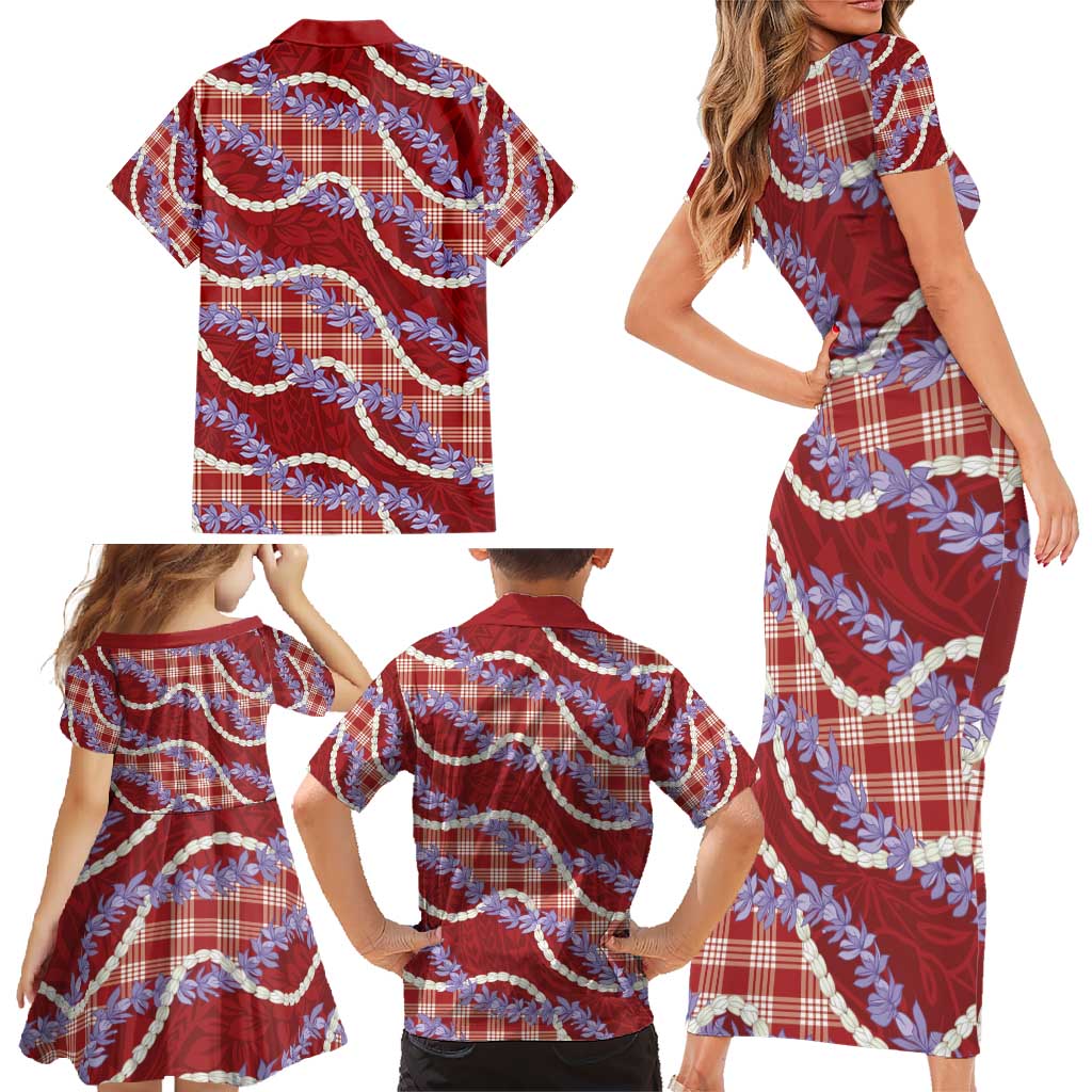 Red Hawaii Palaka Honohono Pikake Family Matching Short Sleeve Bodycon Dress and Hawaiian Shirt Hawaiian Orchid Lei Polynesian Pattern - Polynesian Pride