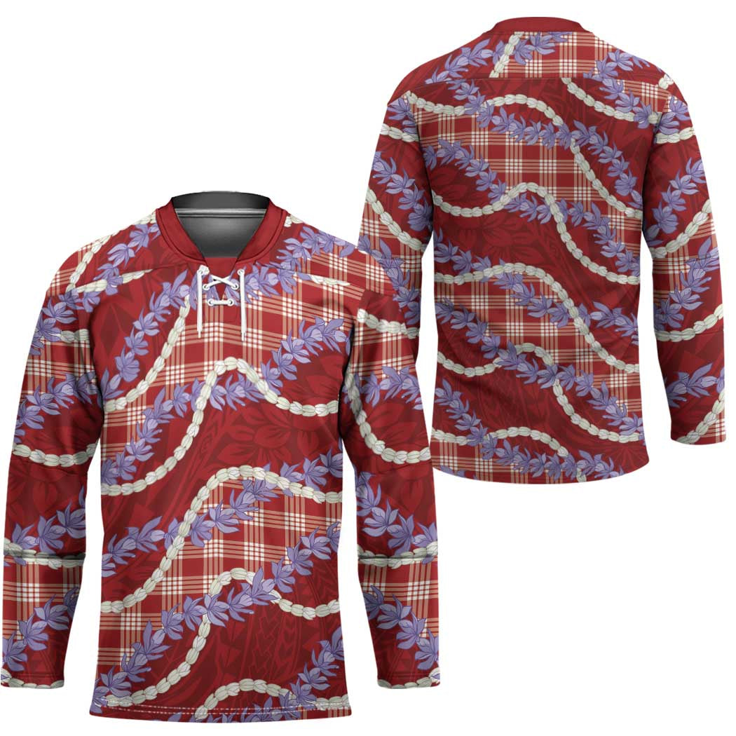 Red Hawaii Palaka Honohono Pikake Hockey Jersey Hawaiian Orchid Lei Polynesian Pattern - Polynesian Pride