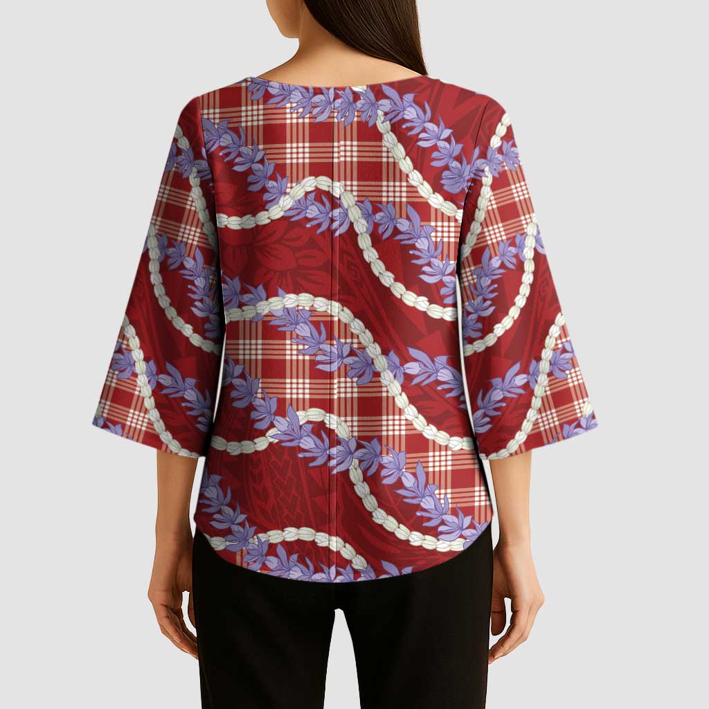 Red Hawaii Palaka Honohono Pikake Kimono Sleeve Blouse Hawaiian Orchid Lei Polynesian Pattern - Polynesian Pride