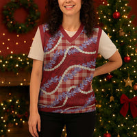 Red Hawaii Palaka Honohono Pikake Christmas Knitted V-Neck Vest Hawaiian Orchid Lei Polynesian Pattern LT14 - Polynesian Pride