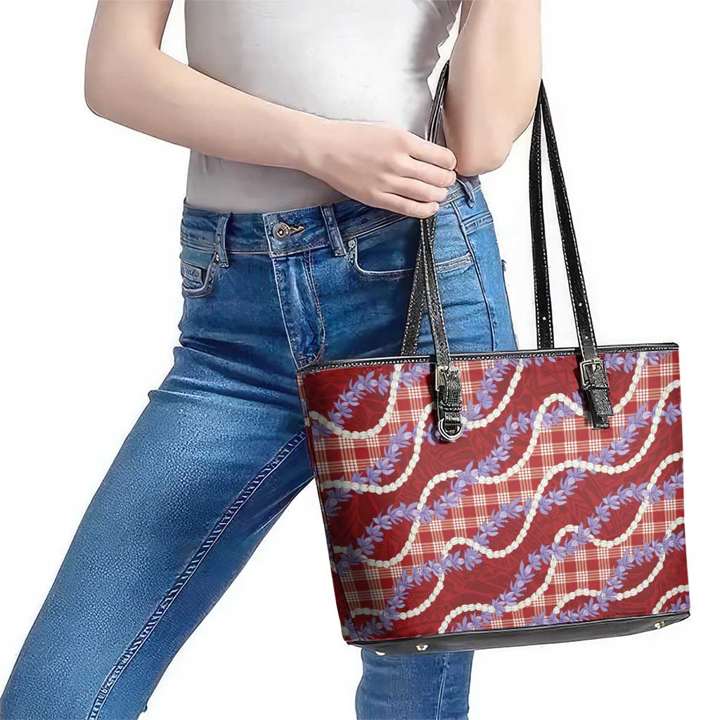 Red Hawaii Palaka Honohono Pikake Leather Tote Bag Hawaiian Orchid Lei Polynesian Pattern - Polynesian Pride