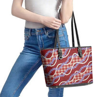 Red Hawaii Palaka Honohono Pikake Leather Tote Bag Hawaiian Orchid Lei Polynesian Pattern - Polynesian Pride
