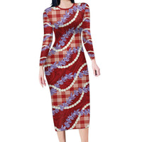 Red Hawaii Palaka Honohono Pikake Long Sleeve Bodycon Dress Hawaiian Orchid Lei Polynesian Pattern - Polynesian Pride