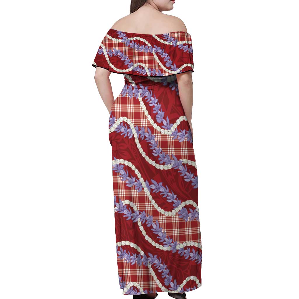 Red Hawaii Palaka Honohono Pikake Off Shoulder Maxi Dress Hawaiian Orchid Lei Polynesian Pattern - Polynesian Pride