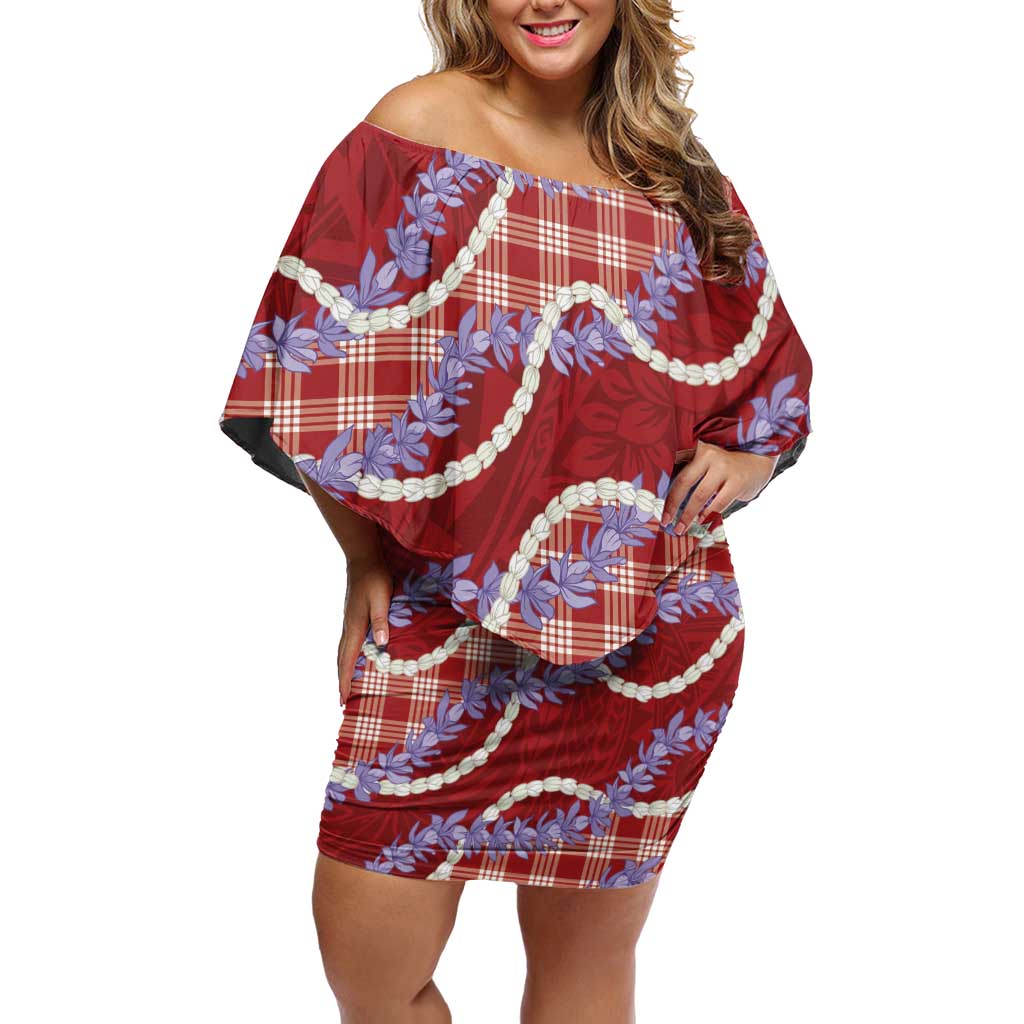 Red Hawaii Palaka Honohono Pikake Off Shoulder Short Dress Hawaiian Orchid Lei Polynesian Pattern - Polynesian Pride