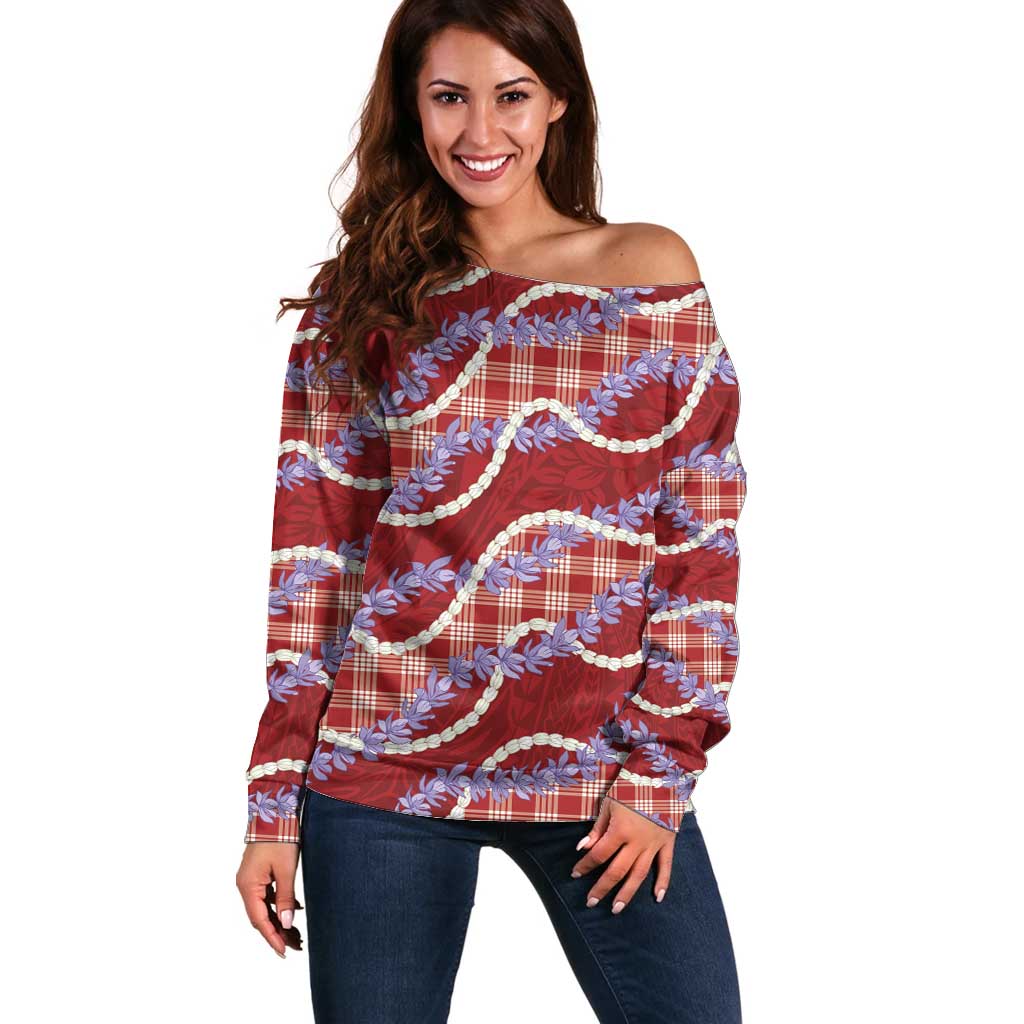 Red Hawaii Palaka Honohono Pikake Off Shoulder Sweater Hawaiian Orchid Lei Polynesian Pattern - Polynesian Pride