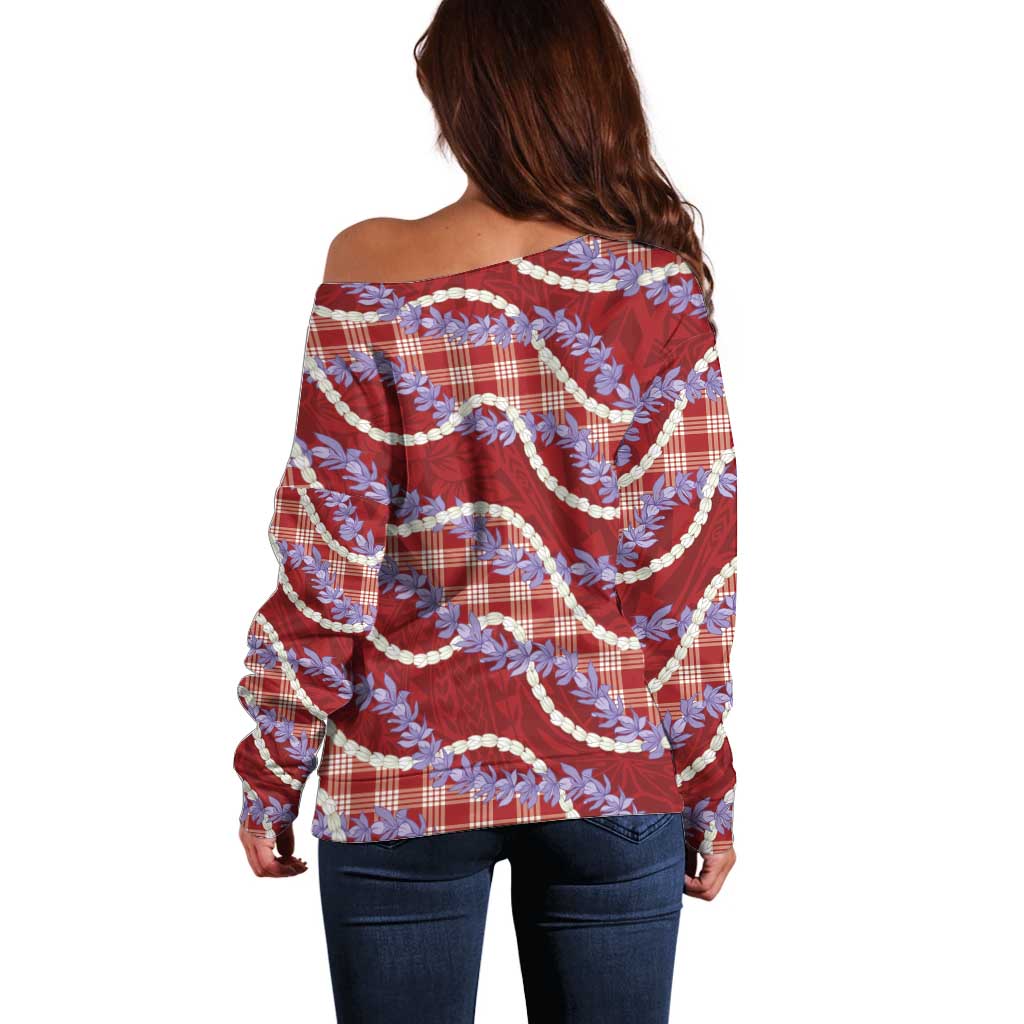 Red Hawaii Palaka Honohono Pikake Off Shoulder Sweater Hawaiian Orchid Lei Polynesian Pattern - Polynesian Pride