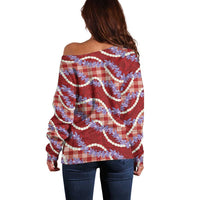 Red Hawaii Palaka Honohono Pikake Off Shoulder Sweater Hawaiian Orchid Lei Polynesian Pattern - Polynesian Pride