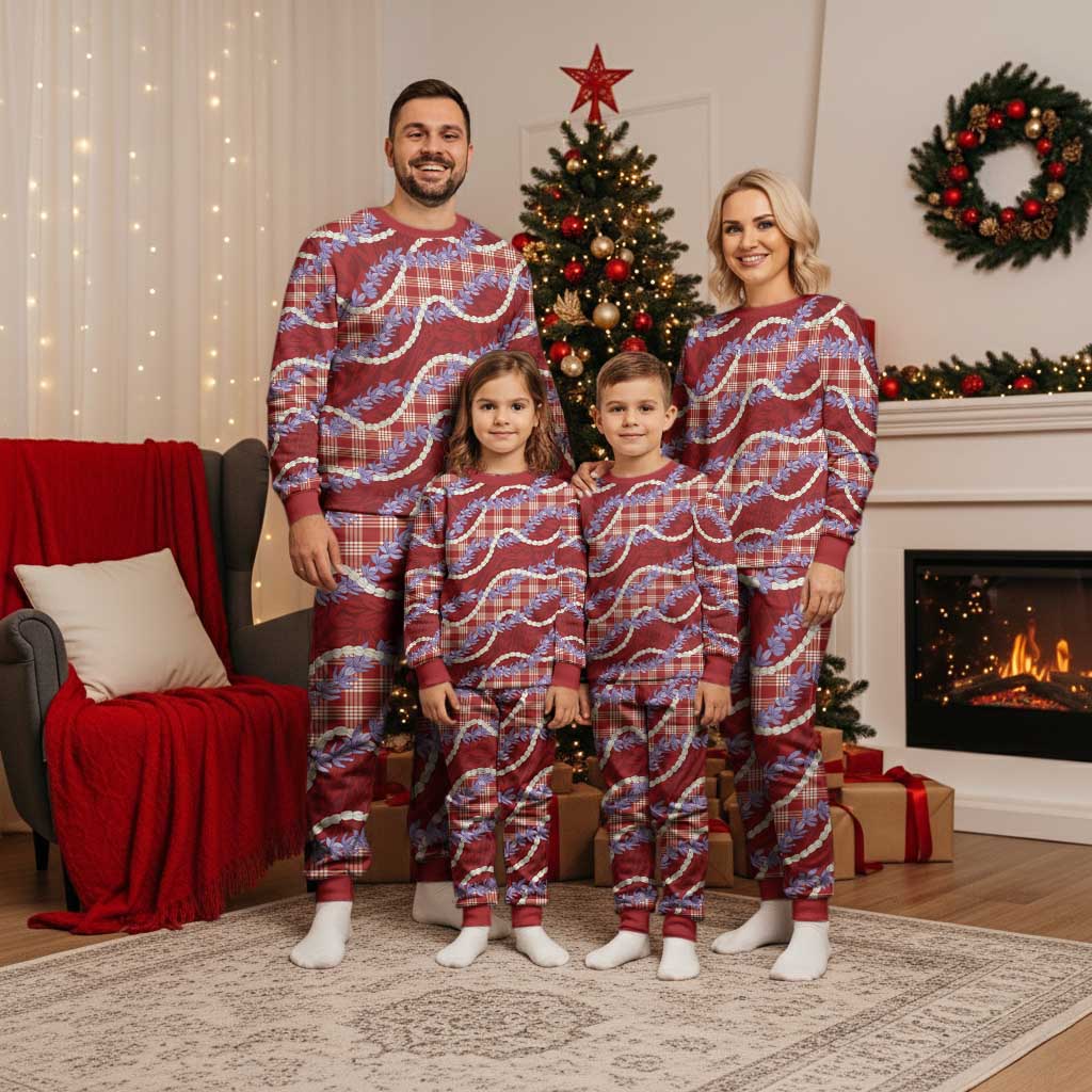 Red Hawaii Palaka Honohono Pikake Christmas Pajama Set Hawaiian Orchid Lei Polynesian Pattern - Polynesian Pride
