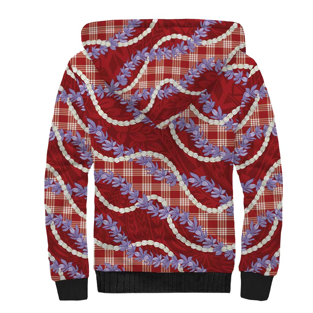 Red Hawaii Palaka Honohono Pikake Sherpa Hoodie Hawaiian Orchid Lei Polynesian Pattern - Polynesian Pride