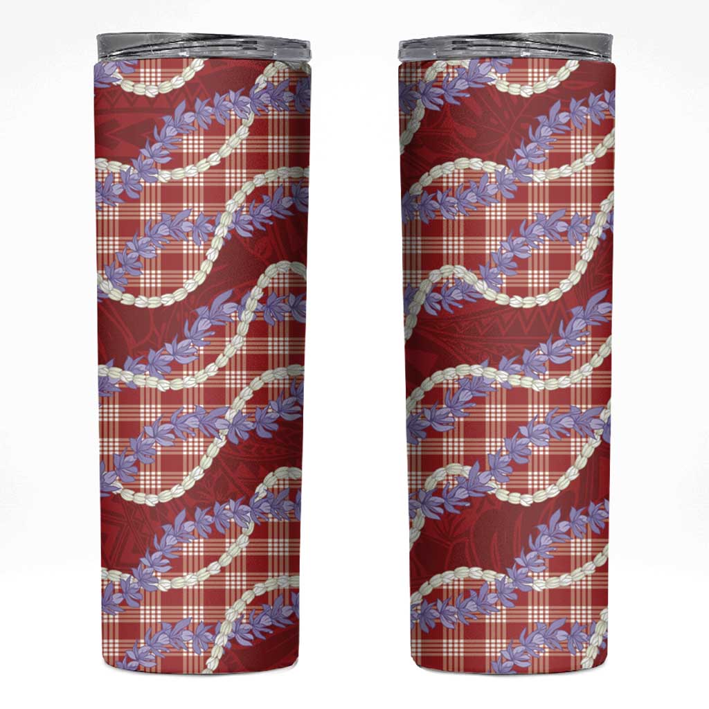 Red Hawaii Palaka Honohono Pikake Skinny Tumbler Hawaiian Orchid Lei Polynesian Pattern - Polynesian Pride