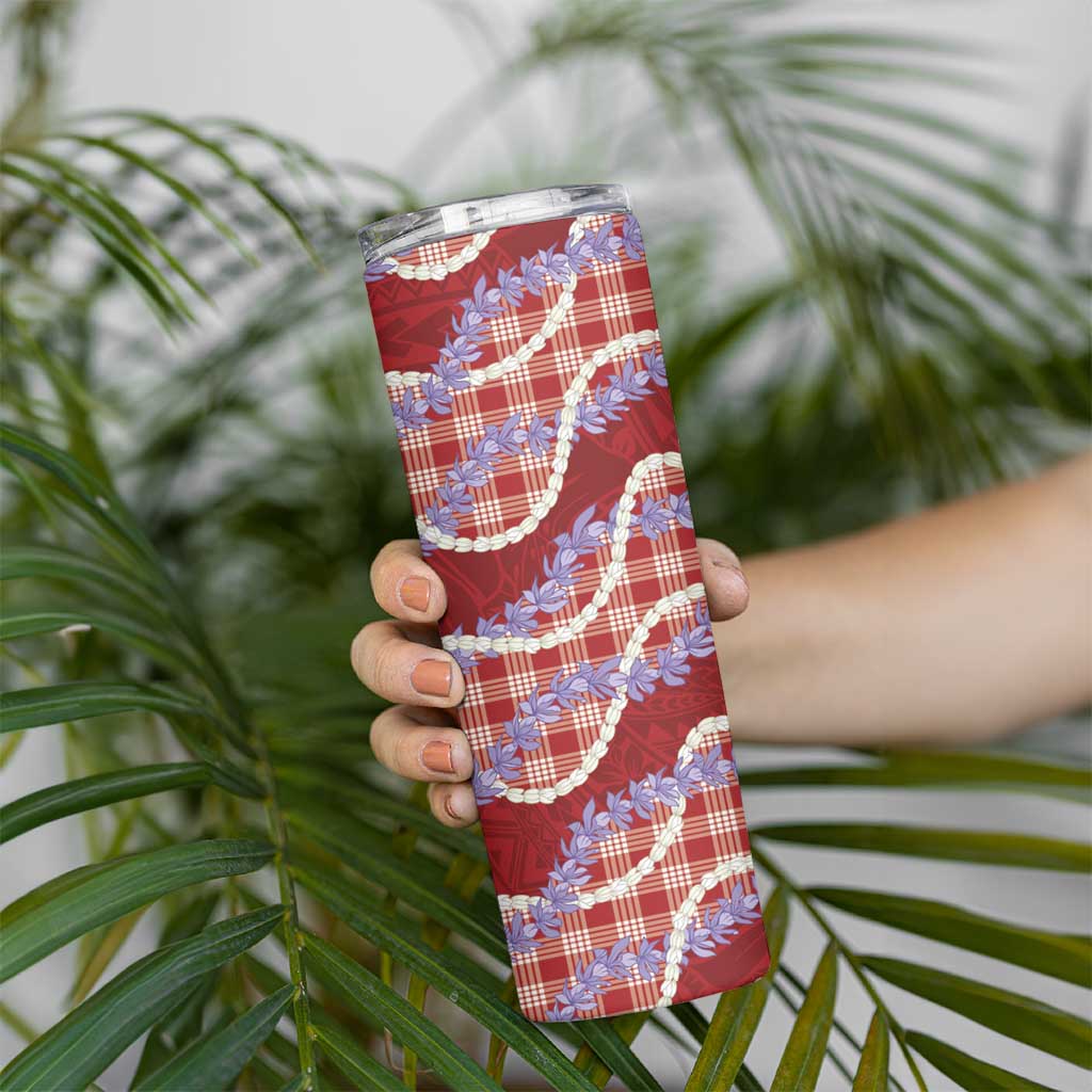 Red Hawaii Palaka Honohono Pikake Skinny Tumbler Hawaiian Orchid Lei Polynesian Pattern - Polynesian Pride