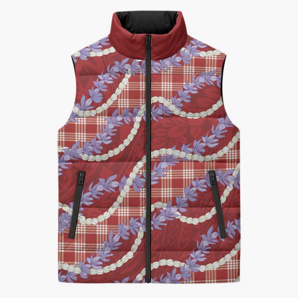 Red Hawaii Palaka Honohono Pikake Sleeveless Puffer Jacket Hawaiian Orchid Lei Polynesian Pattern - Polynesian Pride