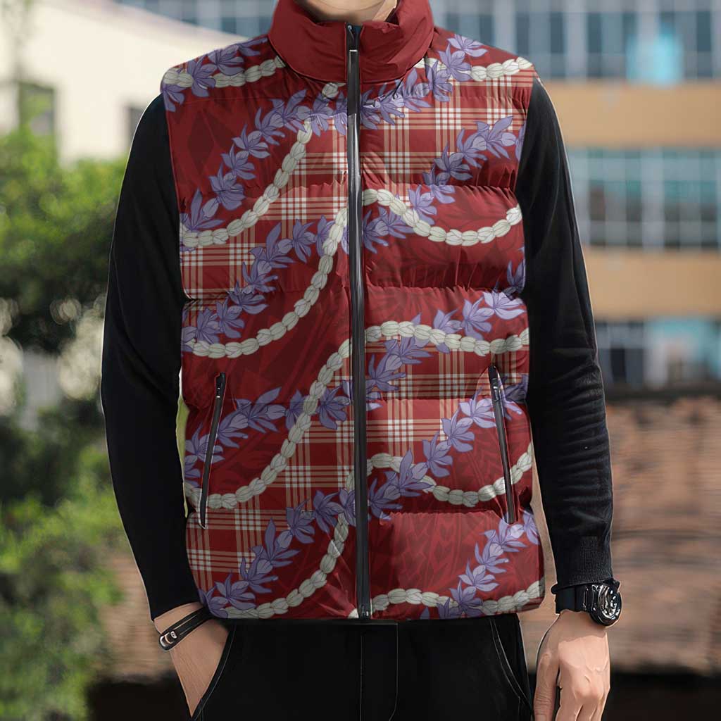Red Hawaii Palaka Honohono Pikake Sleeveless Puffer Jacket Hawaiian Orchid Lei Polynesian Pattern - Polynesian Pride