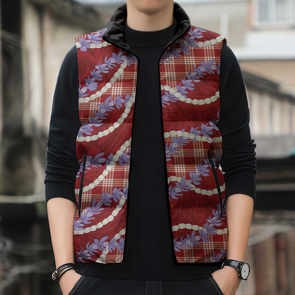 Red Hawaii Palaka Honohono Pikake Sleeveless Puffer Jacket Hawaiian Orchid Lei Polynesian Pattern - Polynesian Pride