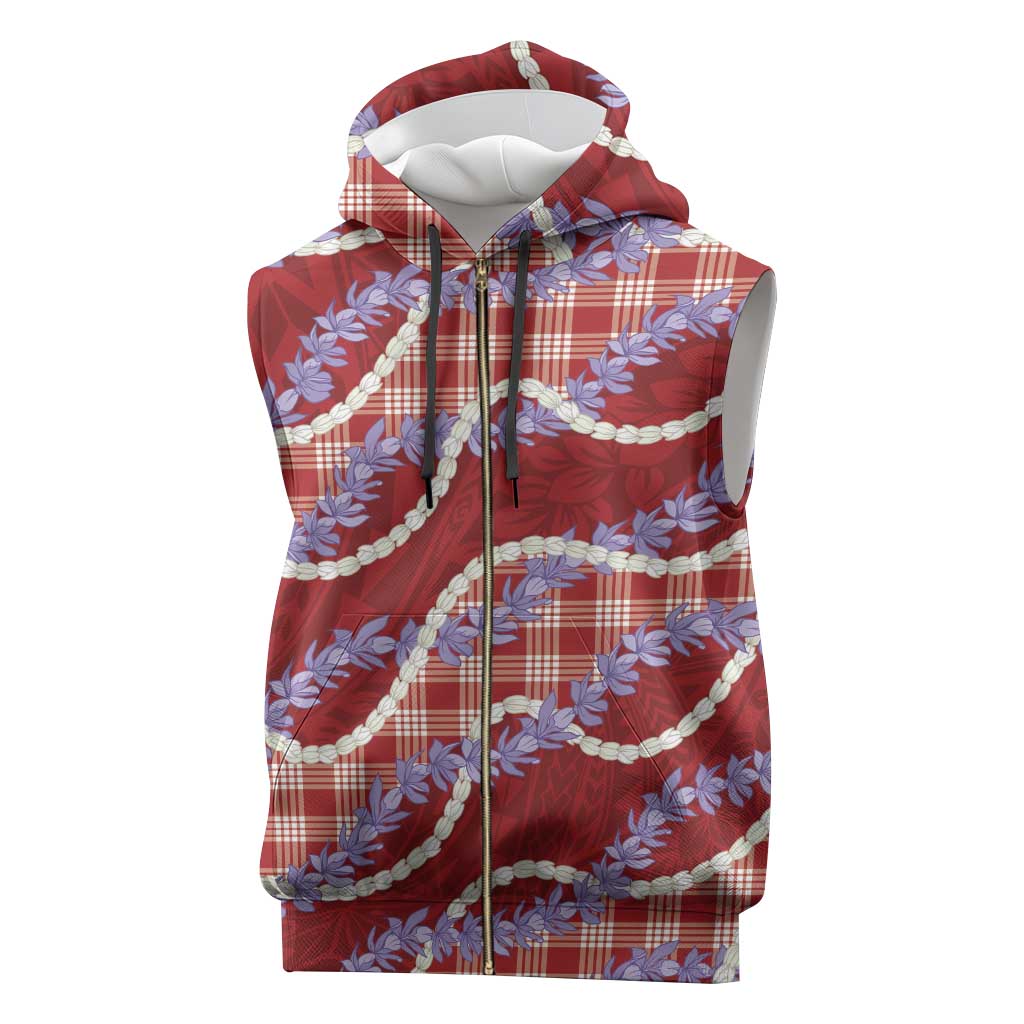 Red Hawaii Palaka Honohono Pikake Sleeveless Zip Hoodie Hawaiian Orchid Lei Polynesian Pattern - Polynesian Pride