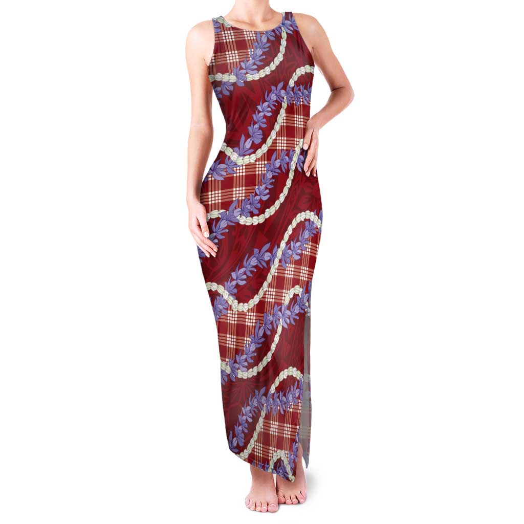 Red Hawaii Palaka Honohono Pikake Tank Maxi Dress Hawaiian Orchid Lei Polynesian Pattern - Polynesian Pride